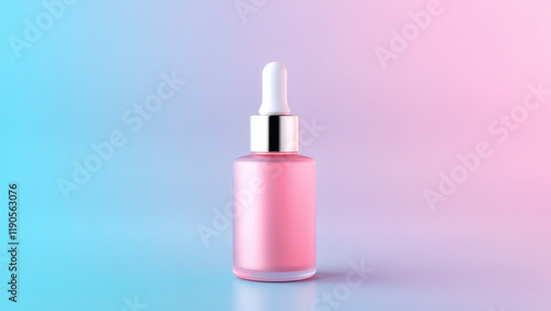 Pink cosmetic serum or tonic bottle. The bottle is made of glass with a dispenser, the background has a gradient from pink to blue........