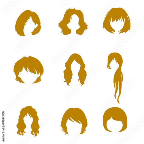 Hair icon with various inspirations for women's hairstyles in gold art, elegant representation