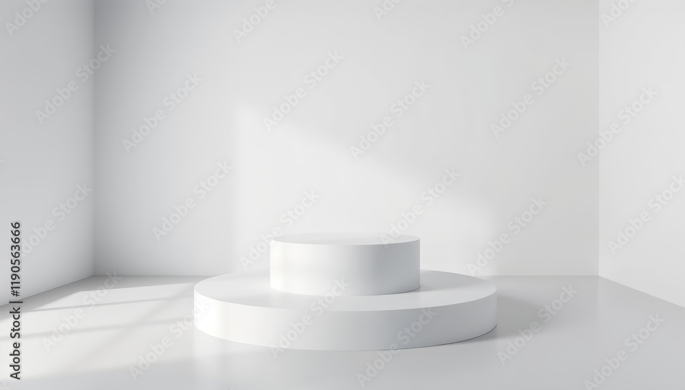 Minimalist white display stand in bright empty room products designs