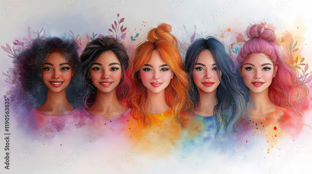 There Are Four Women With Different Colored Hair And One Is Smiling, Various Hair Colors And Styles, Colorful Hairs, Vibrant Realistic Colors, Multico. Generative AI There Are Four Women With Different Colored Hair And One Is Smiling, Various Hair Colors And Styles, Colorful Hairs, Vibrant Realistic Colors, Multico. Generative AI