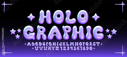 Glossy holographic bubble font. Inflated Iridescent alphabet, 3D holo ballon letters and numbers. Vector set	
