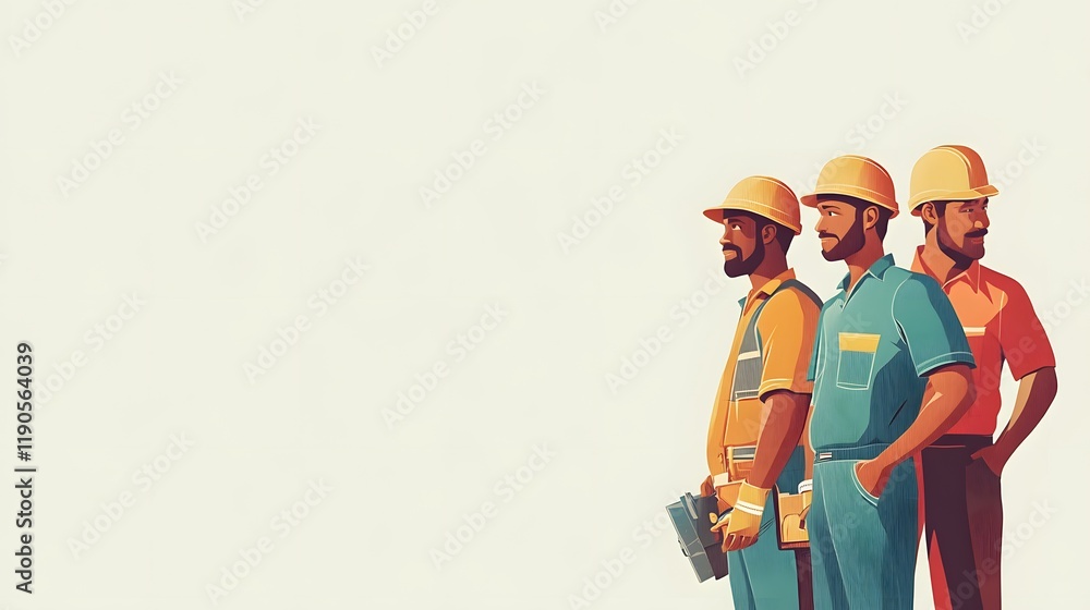Three Construction Workers Standing Together In A Row Three Construction Workers Standing Together In A Row