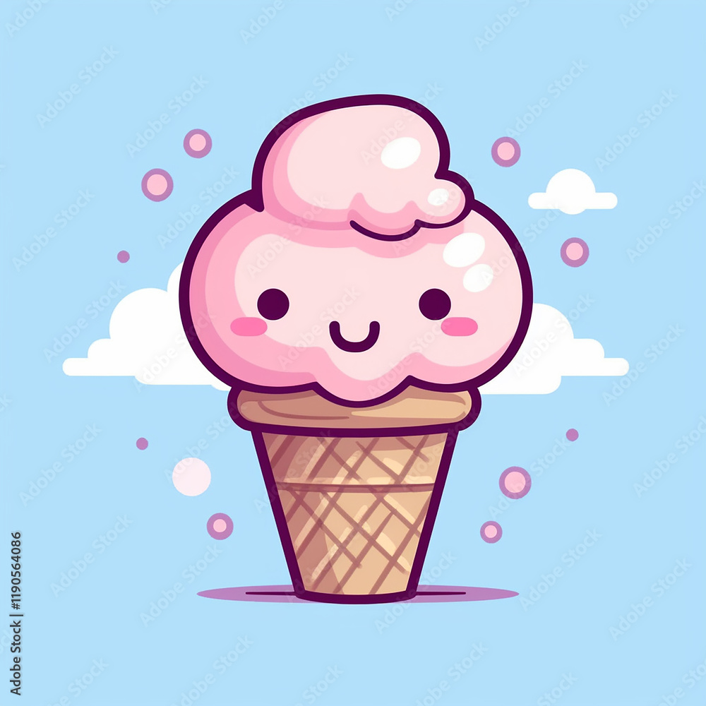 Cute pink ice cream cone cartoon with happy smile and clouds, perfect for dessert art illustrations. Cute pink ice cream cone cartoon with happy smile and clouds, perfect for dessert art illustrations.