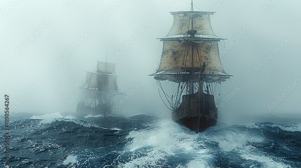 Fototapeta premium A Viking ship sailing through stormy seas 