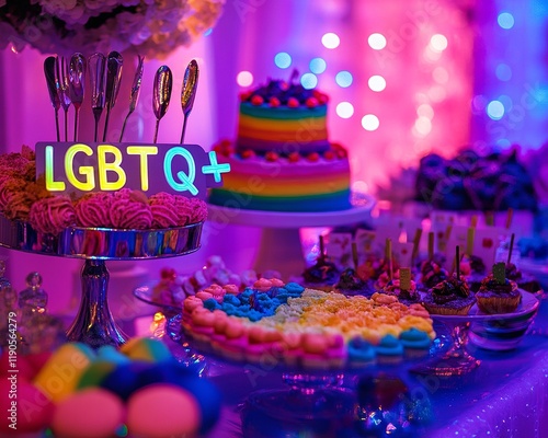 Table of Rainbow Desserts and Decorations with a Centerpiece Displaying 'LGBTQ+' photo