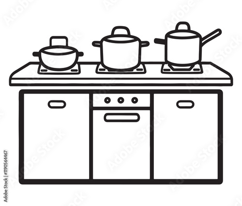A black and white drawing of a kitchen, Line art kitchen furniture set