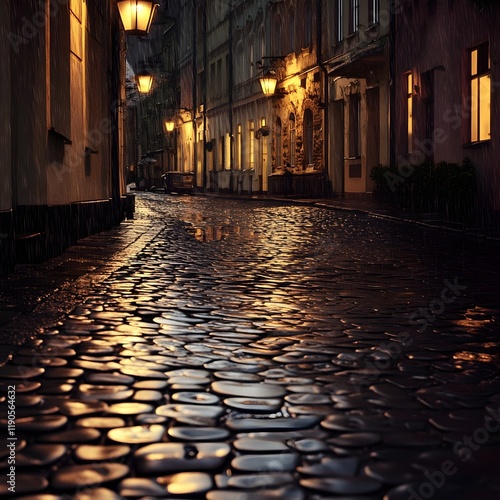 Vintage cobblestone street on a rainy evening