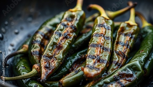 Close up of grilled green peppers glistening with savory glaze adding flavor to dish photo