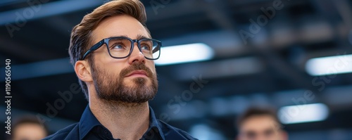 Boss-employee relationship design. Focused man in glasses looking up, surrounded by people.