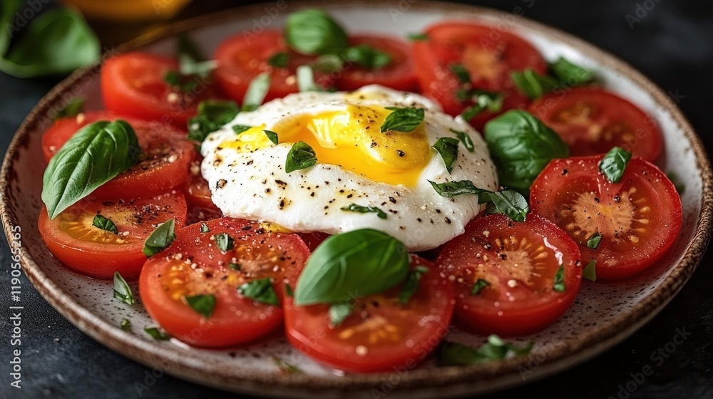 A perfectly poached egg atop a vibrant salad of sliced tomatoes and fresh basil A perfectly poached egg atop a vibrant salad of sliced tomatoes and fresh basil