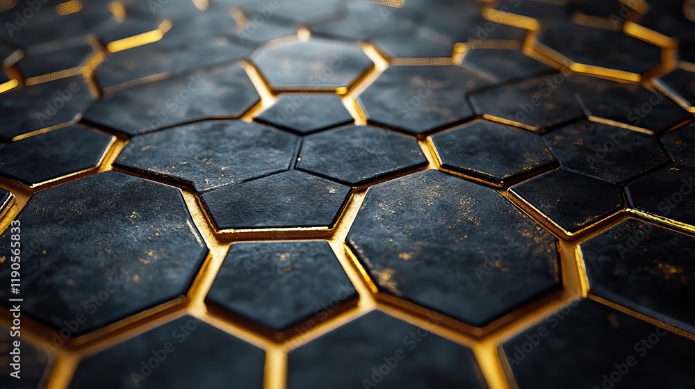 Black background with a gold hexagon pattern, a refined geometric wallpaper for modern interior decor