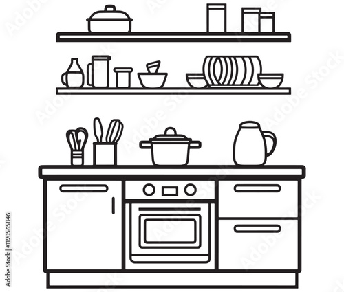 A black and white drawing of a kitchen, Line art kitchen furniture set