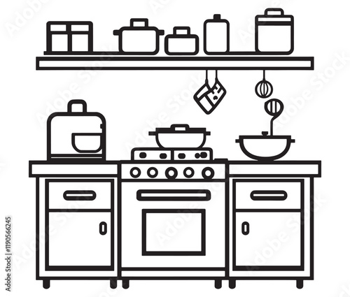 A black and white drawing of a kitchen, Line art kitchen furniture set