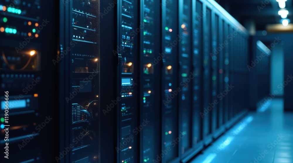 Server Cabinets in Data Center, Glowing Indicators and Network Cables, Glossy Floor Reflections, Highlighting Cloud Computing and Data Storage Server Cabinets in Data Center, Glowing Indicators and Network Cables, Glossy Floor Reflections, Highlighting Cloud Computing and Data Storage
