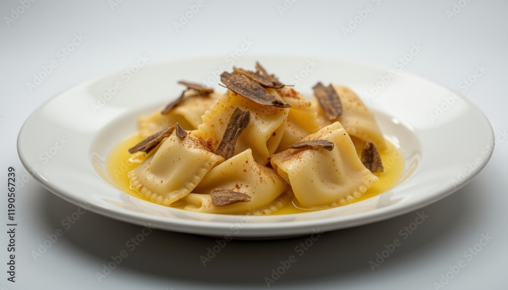 Ravioli with truffle shavings and butter sauce on a white plate Ravioli with truffle shavings and butter sauce on a white plate