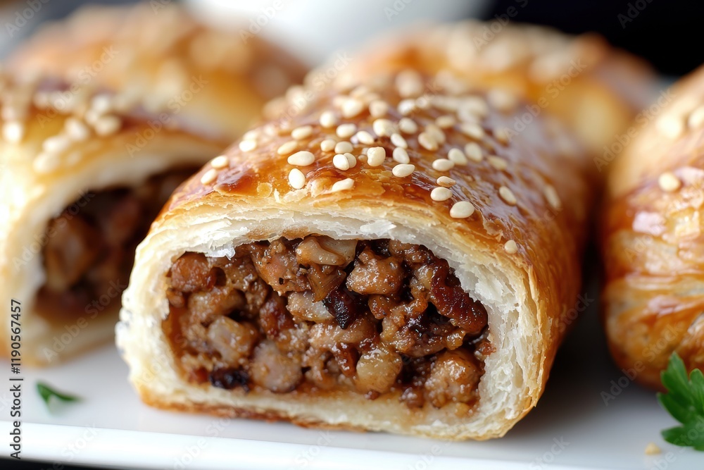 Delicious sausage roll with golden brown pastry, perfect for a quick snack or meal. Delicious sausage roll with golden brown pastry, perfect for a quick snack or meal.