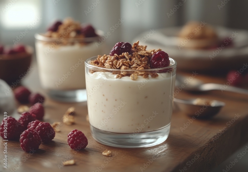 Creamy Yogurt Dessert with Fresh Raspberries and Crunchy Granola Served in Elegant Glasses on Rustic Wooden Table Setting Creamy Yogurt Dessert with Fresh Raspberries and Crunchy Granola Served in Elegant Glasses on Rustic Wooden Table Setting