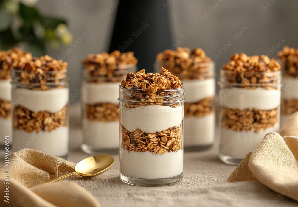 Creamy Yogurt Parfaits with Crunchy Granola in Elegant Jars Surrounded by Soft Textures and Fresh Greenery for a Cozy Culinary Presentation Creamy Yogurt Parfaits with Crunchy Granola in Elegant Jars Surrounded by Soft Textures and Fresh Greenery for a Cozy Culinary Presentation