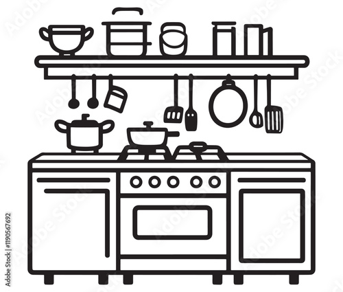 A black and white drawing of a kitchen, Line art kitchen furniture set