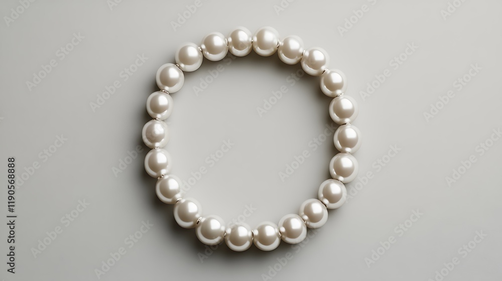 Flawless pearl necklace arranged neatly in a circular shape lying on a pale grey background showcasing the simplicity and luxury of the design in a minimalist style Flawless pearl necklace arranged neatly in a circular shape lying on a pale grey background showcasing the simplicity and luxury of the design in a minimalist style