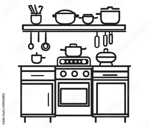 A black and white drawing of a kitchen, Line art kitchen furniture set