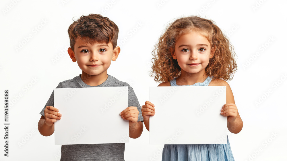 Two children happily holding a blank sheet of paper, smiling in a bright indoor setting Two children happily holding a blank sheet of paper, smiling in a bright indoor setting