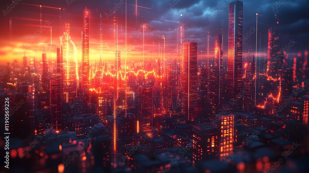 Modern isometric 3D scene with blurred financial trends in the background and evaluation graphs Modern isometric 3D scene with blurred financial trends in the background and evaluation graphs