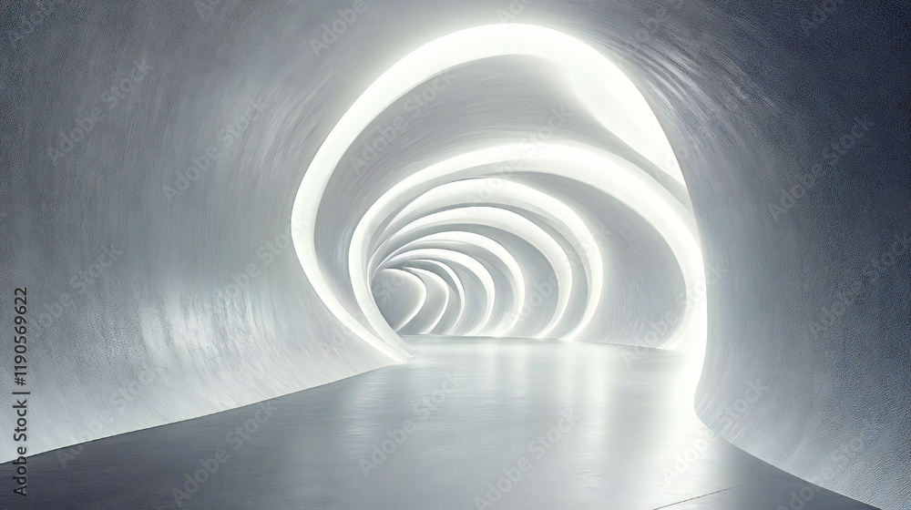Fototapeta premium Futuristic Abstract Tunnel with White LED Lights and Curved Concrete Walls