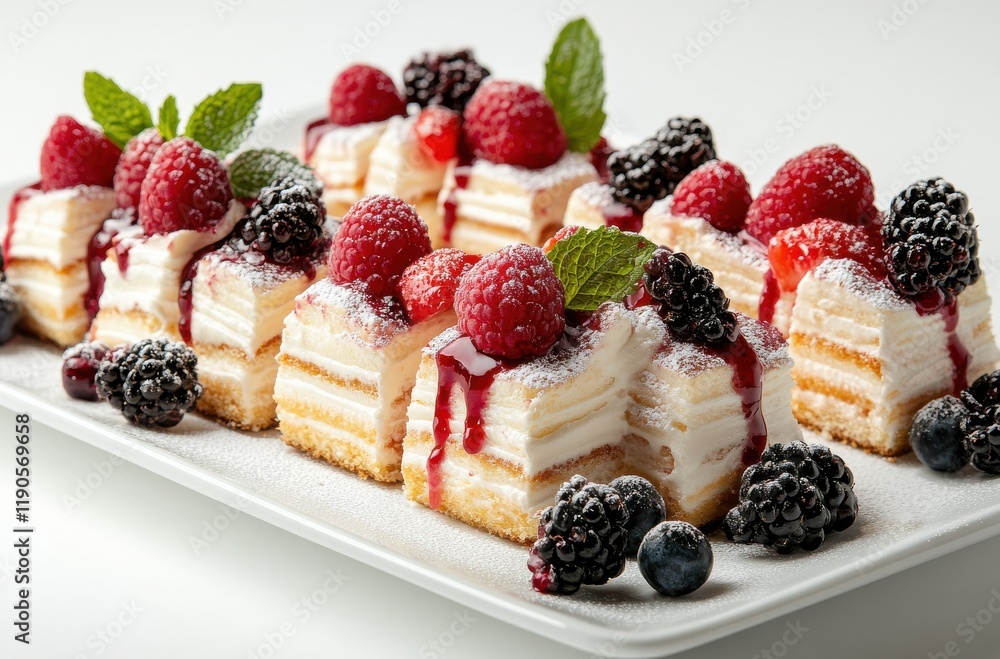 Decadent Layers of Creamy Vanilla Cake with Berries, Drizzled with Fruit Sauce and Garnished with Fresh Mint Leaves on Elegant White Plate Decadent Layers of Creamy Vanilla Cake with Berries, Drizzled with Fruit Sauce and Garnished with Fresh Mint Leaves on Elegant White Plate