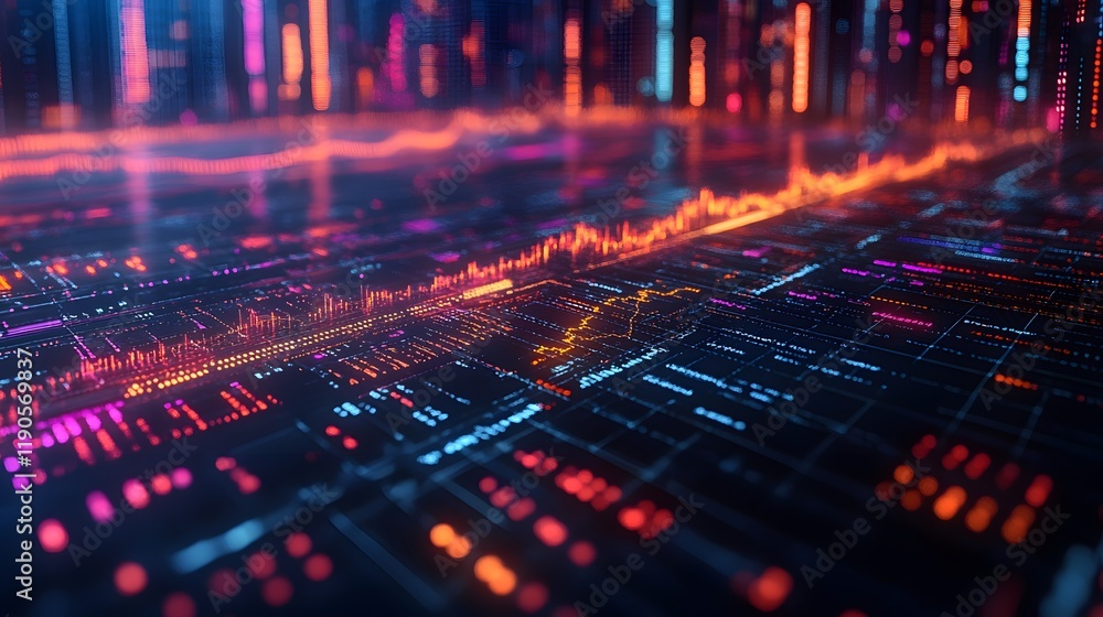 Abstract isometric render with blurred financial data charts and business performance visuals Abstract isometric render with blurred financial data charts and business performance visuals