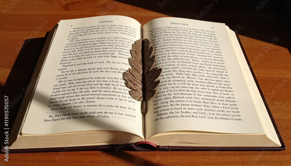 Intricate feather bookmark resting on novel pages, celebrating World Book Day Intricate feather bookmark resting on novel pages, celebrating World Book Day