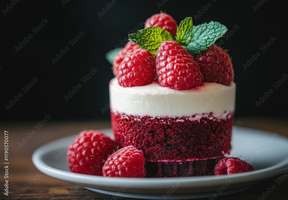 Decadent Red Velvet Cake with Creamy Frosting and Fresh Raspberries on Top, Garnished with Mint Leaves on a Rustic Wooden Table Decadent Red Velvet Cake with Creamy Frosting and Fresh Raspberries on Top, Garnished with Mint Leaves on a Rustic Wooden Table