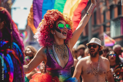 Joyful pride parade celebration with colorful rainbow costumes and vibrant expressions photo