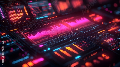 Modern analytics theme with blurred trends in the background and isometric 3D vector graphics