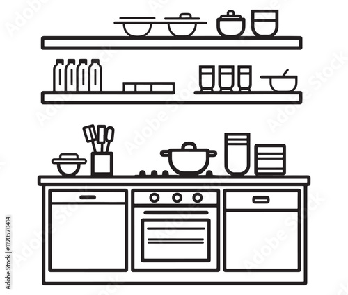 A black and white drawing of a kitchen, Line art kitchen furniture set
