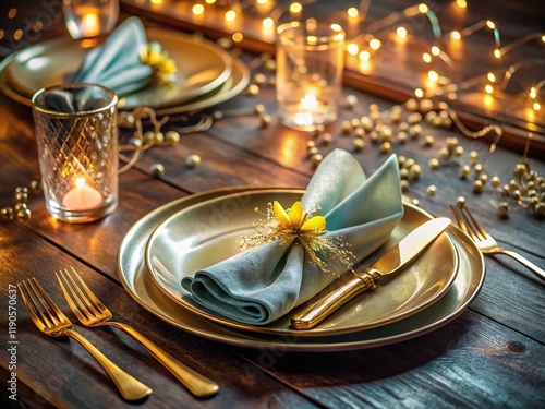 Elegant Table Setting: Gold Cutlery, Decorated Napkin on Clear Plate - Stock Photo