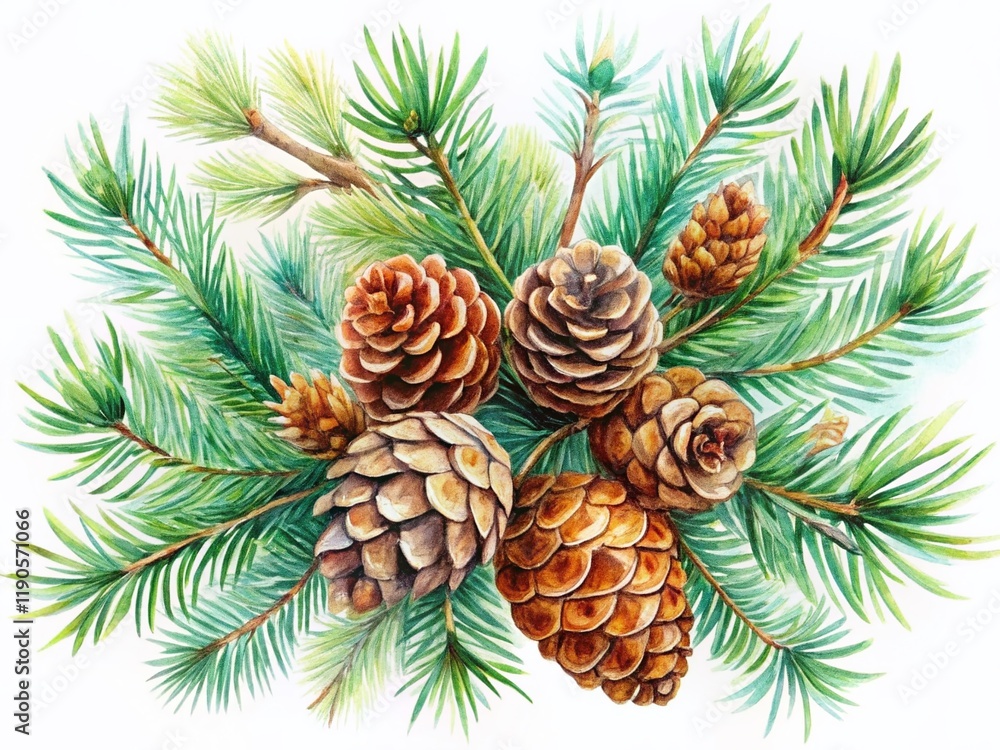 Fototapeta premium Elegant Watercolor Pine Cones & Branches: Hand-Drawn Botanical Illustration on White Background