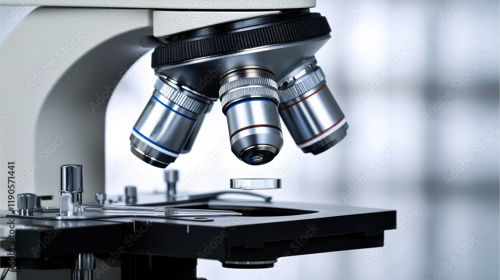 Close-up view of a microscope showcasing advanced optical components in a laboratory setting