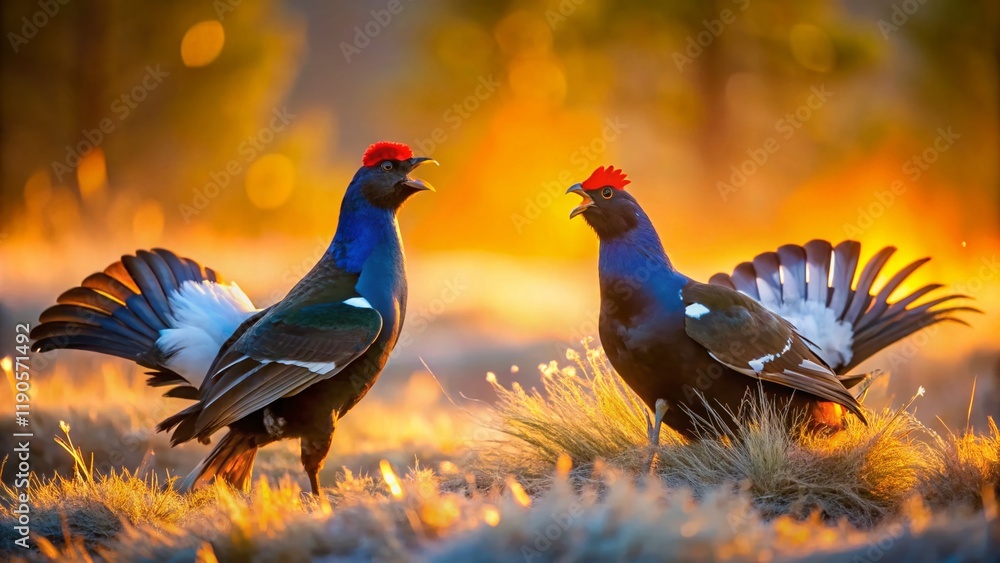 Fototapeta premium Black Grouse Lekking at Sunrise - Springtime Mating Ritual