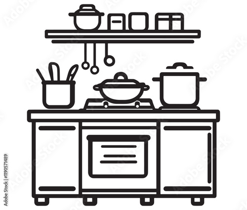 A black and white drawing of a kitchen, Line art kitchen furniture set