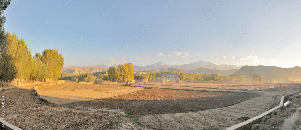 Fototapeta premium View of the Afghan Bamian Valley near the rock with Buddhas
