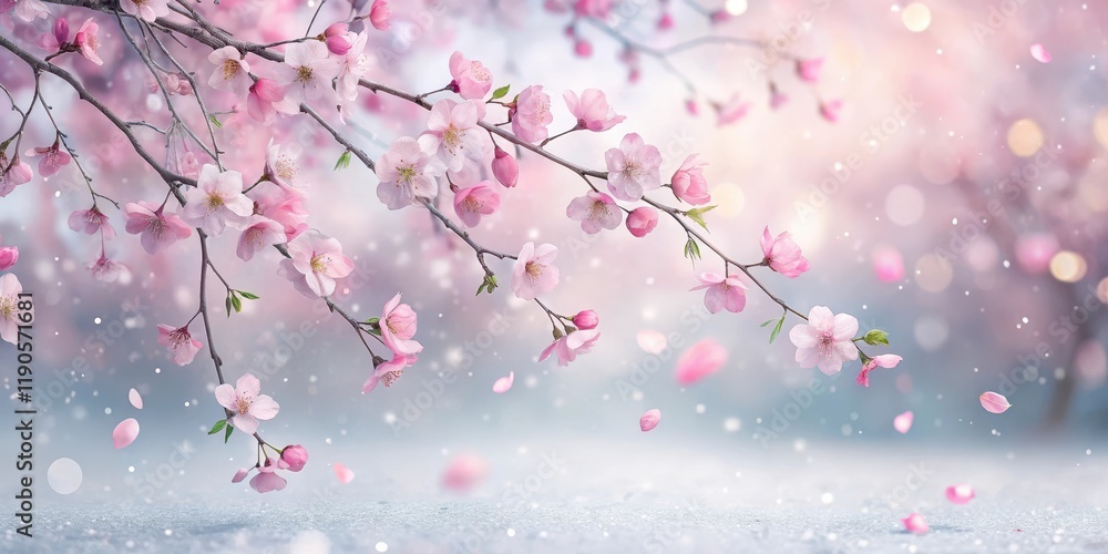 Soft pink sakura petals gently fall onto a snowy background, creating a serene and peaceful atmosphere, delicate petals, winter wonderland
