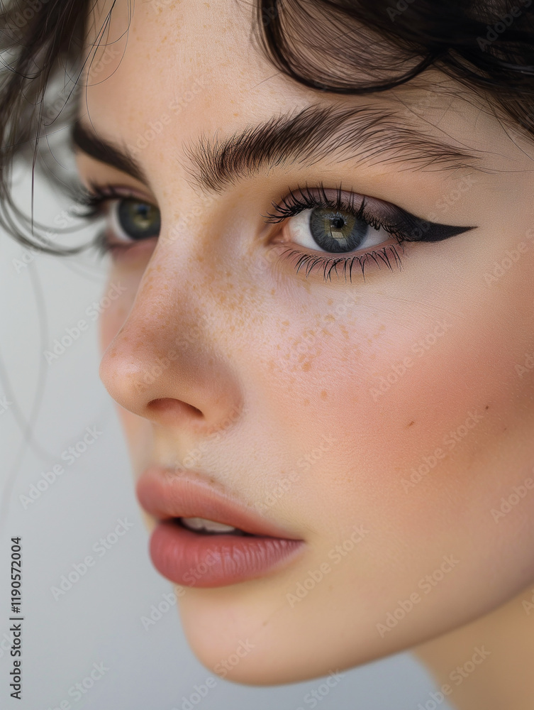 Close-up portrait with freckles, eyeliner, makeup, lashes, eyes, lips, skin, beauty, and gaze Close-up portrait with freckles, eyeliner, makeup, lashes, eyes, lips, skin, beauty, and gaze