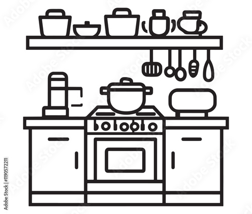 A black and white drawing of a kitchen, Line art kitchen furniture set