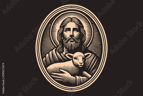 Antique style oval emblem of Jesus with a lamb, black and white engraving