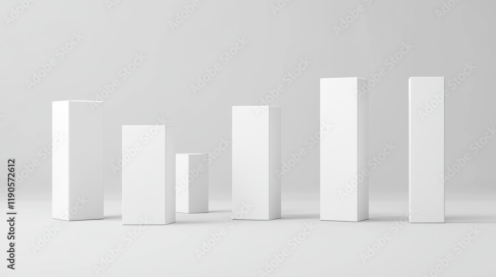 Minimalist white boxes of various heights and widths on a light gray background. Minimalist white boxes of various heights and widths on a light gray background.