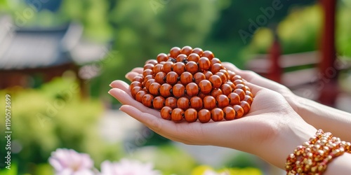 Close-up of prayer beads in a person's hands during meditation or religious prayer, highlighting the beads' texture and the focus on spiritual practice. photo