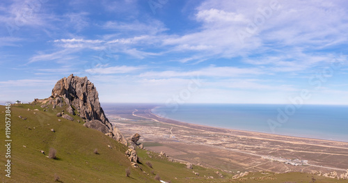 The beautiful Caspian Sea and the sacred mountain Beshbarmag. Baku. Azerbaijan.