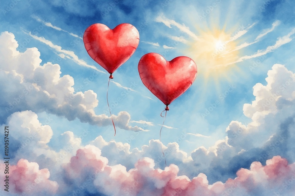 Fototapeta premium Red heart balloons in the sky against a bright background