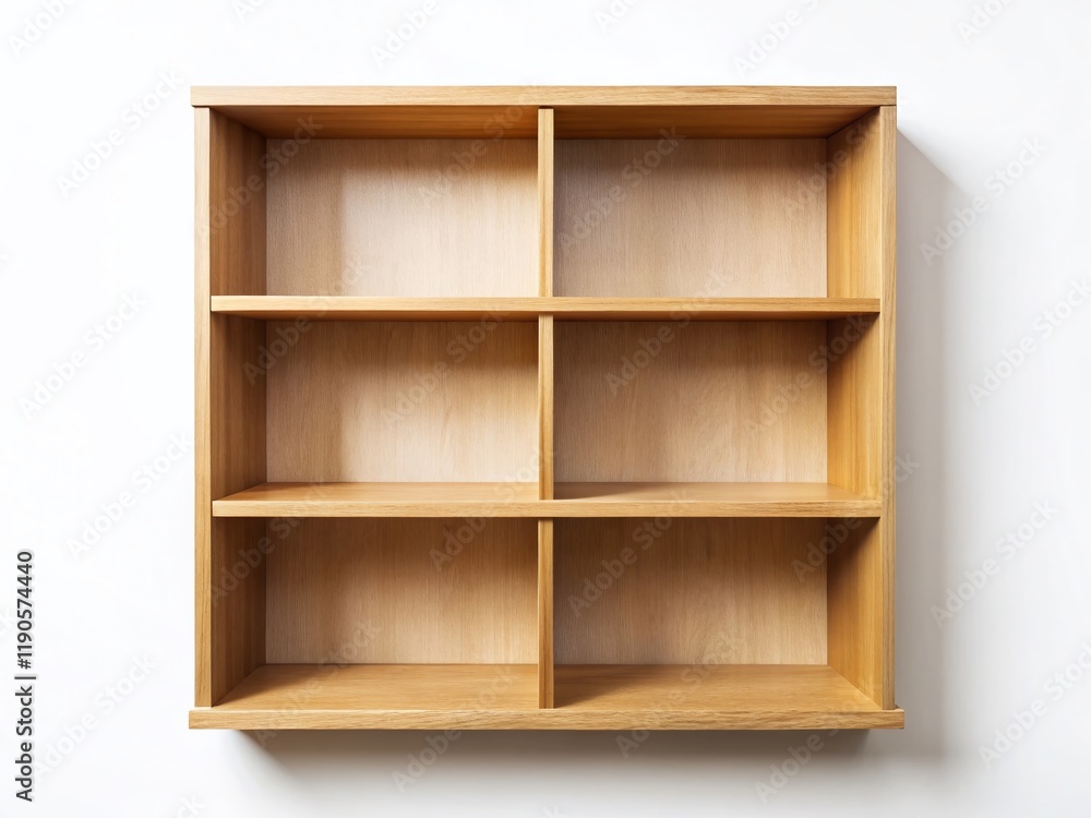 Empty Wooden Bookshelf, Minimalist Top View, Four Shelves, Isolated Background Empty Wooden Bookshelf, Minimalist Top View, Four Shelves, Isolated Background